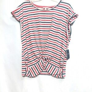 Lucky Brand Womens Large Striped Tee Knotted Front Lightweight Round Neck NEW